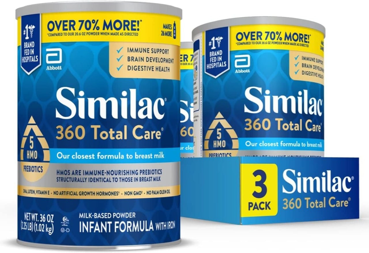 Similac 360 Total Care Infant Formula, Has 5 HMO Prebiotics, Our Closest Prebiotic Blend to Breast Milk, Non-GMO, Baby Formula Powder, 36-oz Value Can, Pack